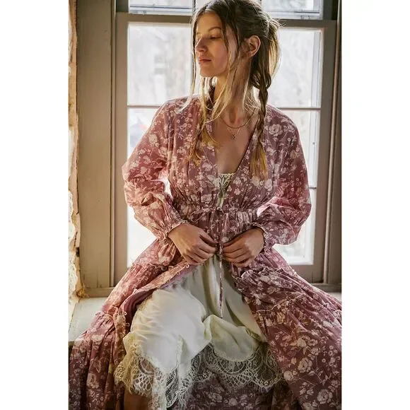 NWT Free People Womens Tiered Pappiet Midi Dress Current Rose Medium - Picture 1 of 16